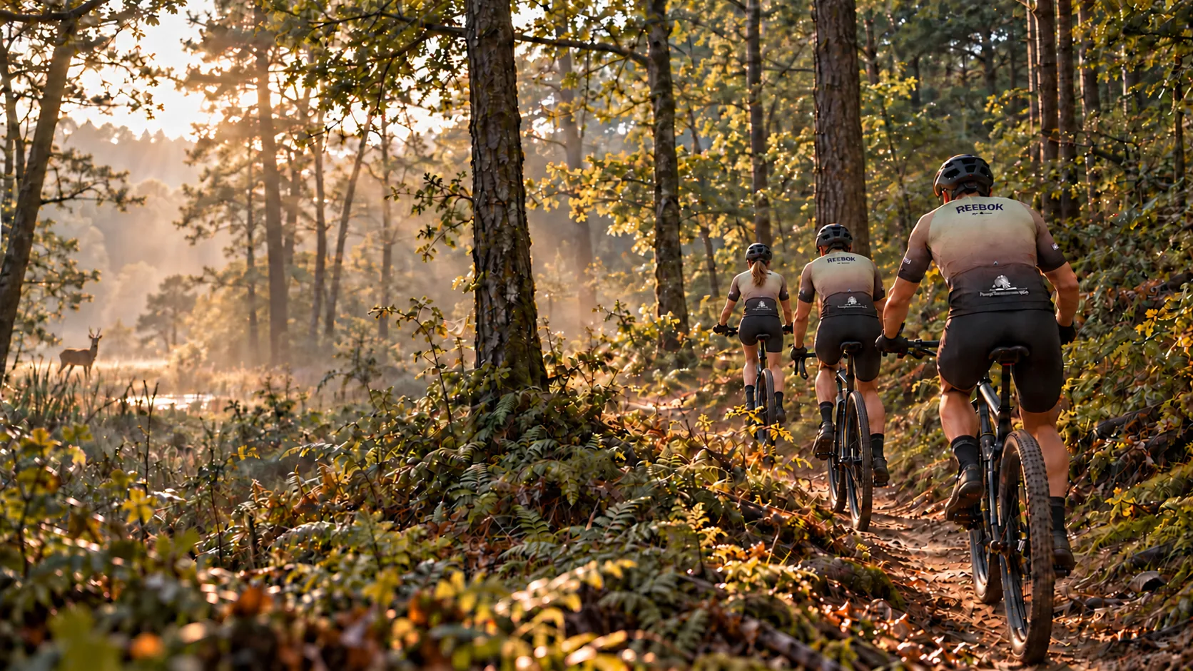 Drie mountainbikers in REEBOK-clubkleding op een bospad in laag zonlicht